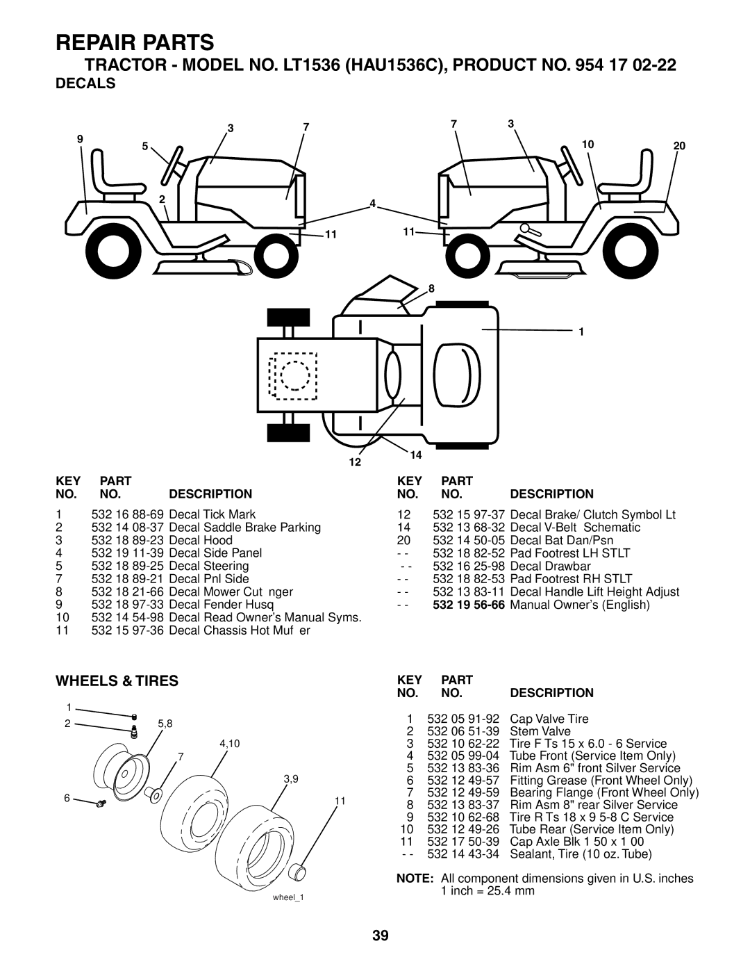 Husqvarna LT1536 owner manual Decals, Wheels & Tires 