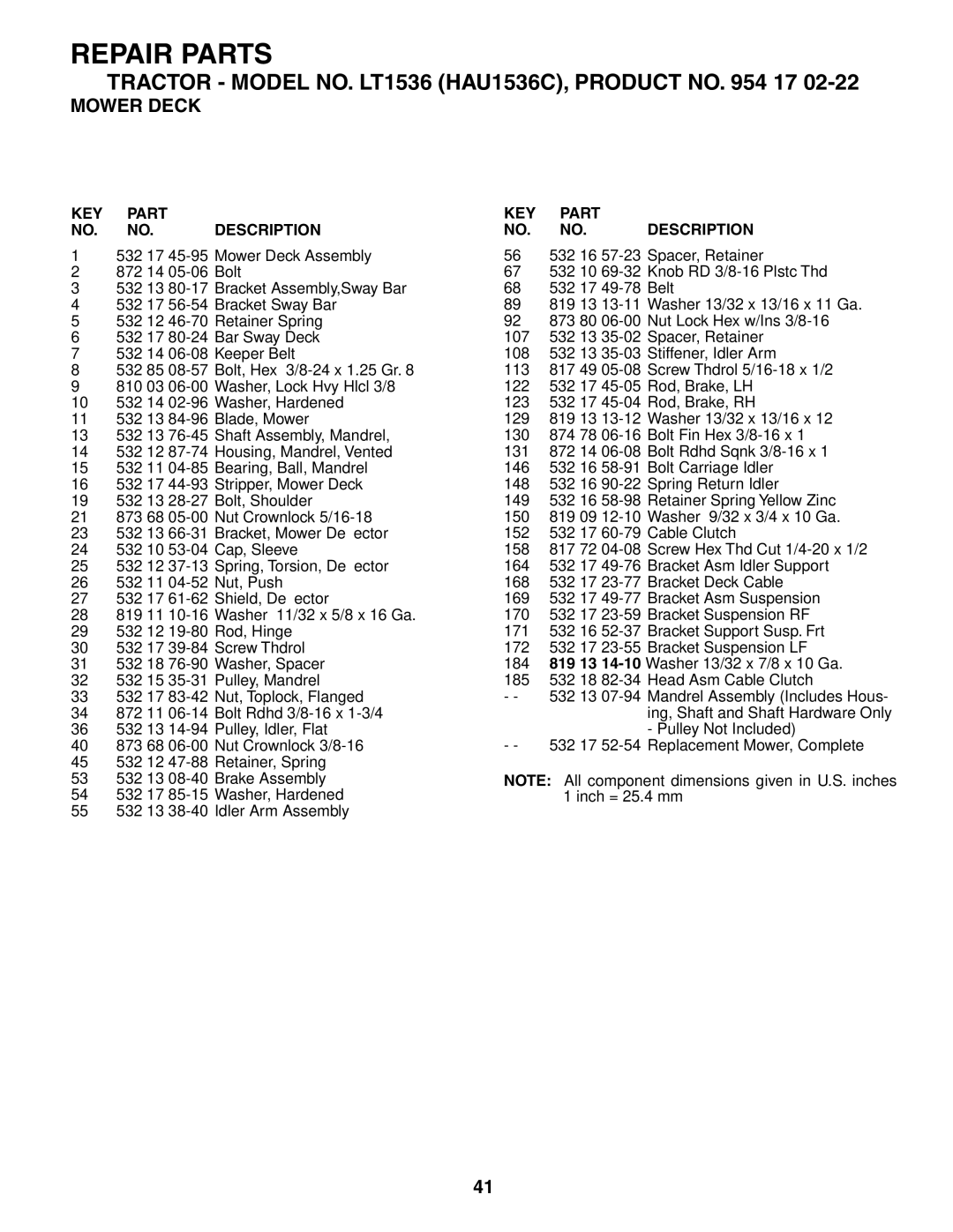 Husqvarna LT1536 owner manual Repair Parts 