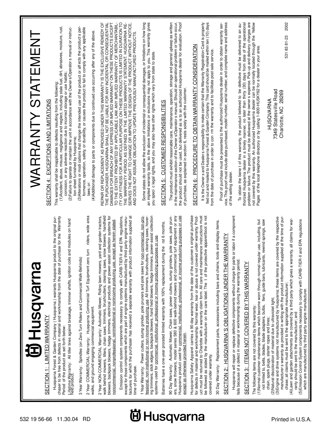 Husqvarna LT1536 owner manual Warranty Statement 