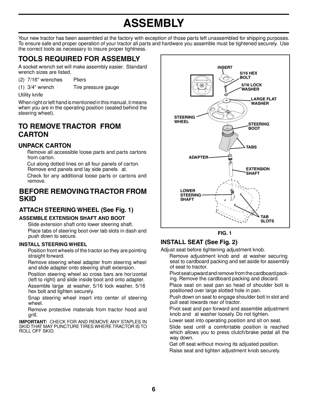 Husqvarna LT1536 Tools Required for Assembly, To Remove Tractor from Carton, Before Removing Tractor from Skid 