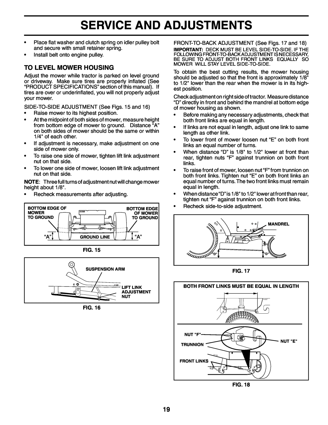 Husqvarna LT1536 owner manual To Level Mower Housing, Service And Adjustments 