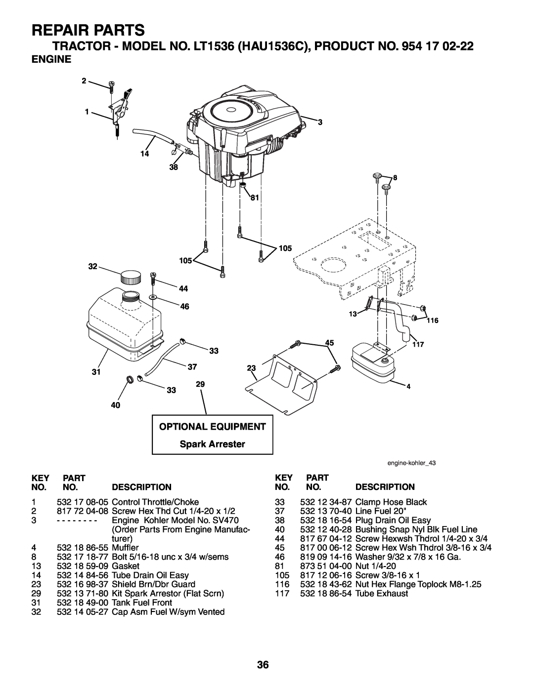 Husqvarna owner manual Engine, Repair Parts, TRACTOR - MODEL NO. LT1536 HAU1536C, PRODUCT NO. 954 17, Description 