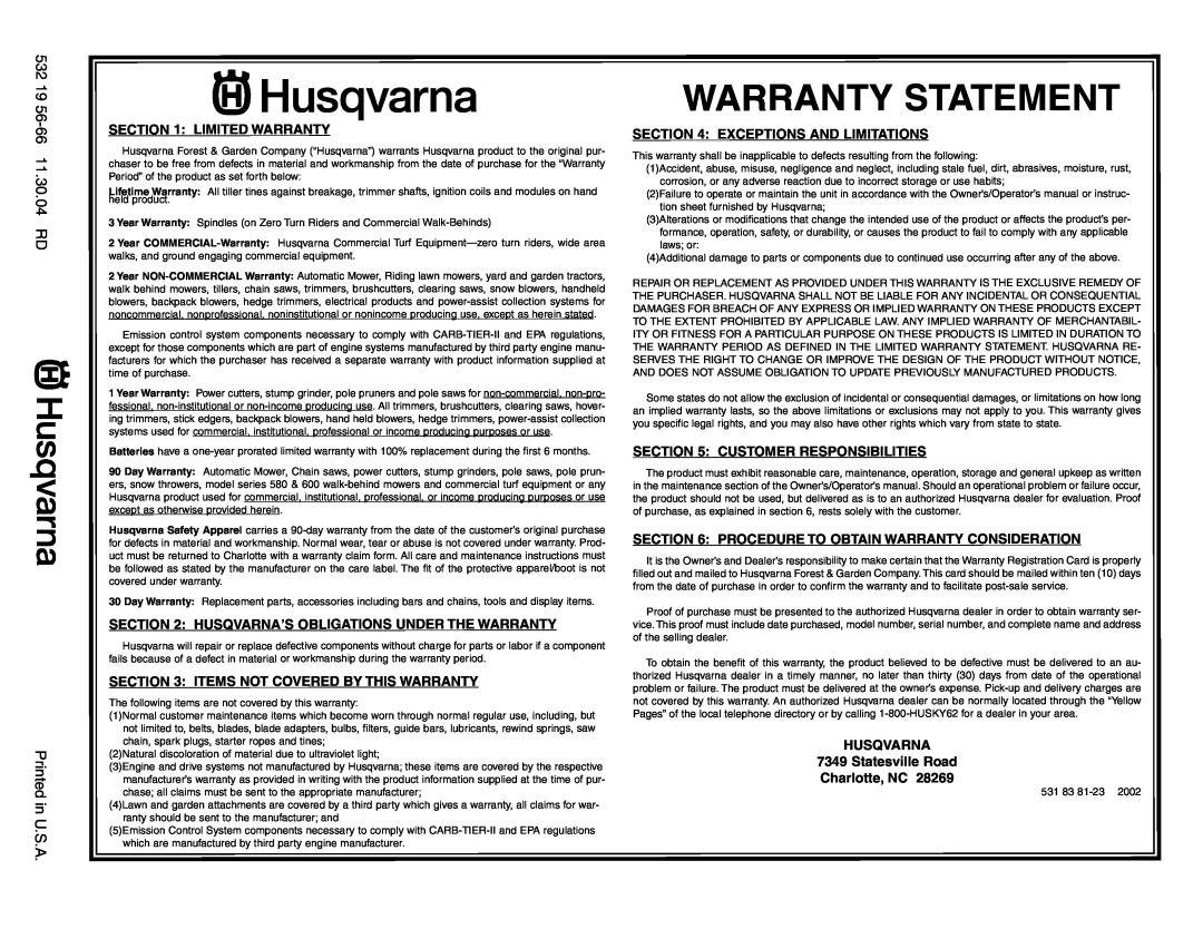 Husqvarna LT1536 Warranty Statement, Limited Warranty, Items Not Covered By This Warranty, Exceptions And Limitations 