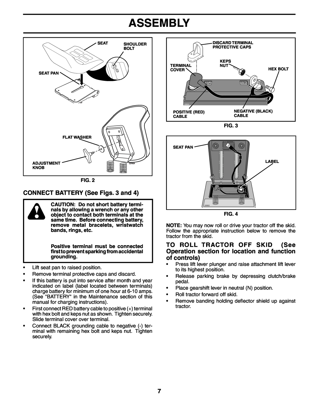 Husqvarna LT1536 owner manual CONNECT BATTERY See Figs. 3 and, Assembly 