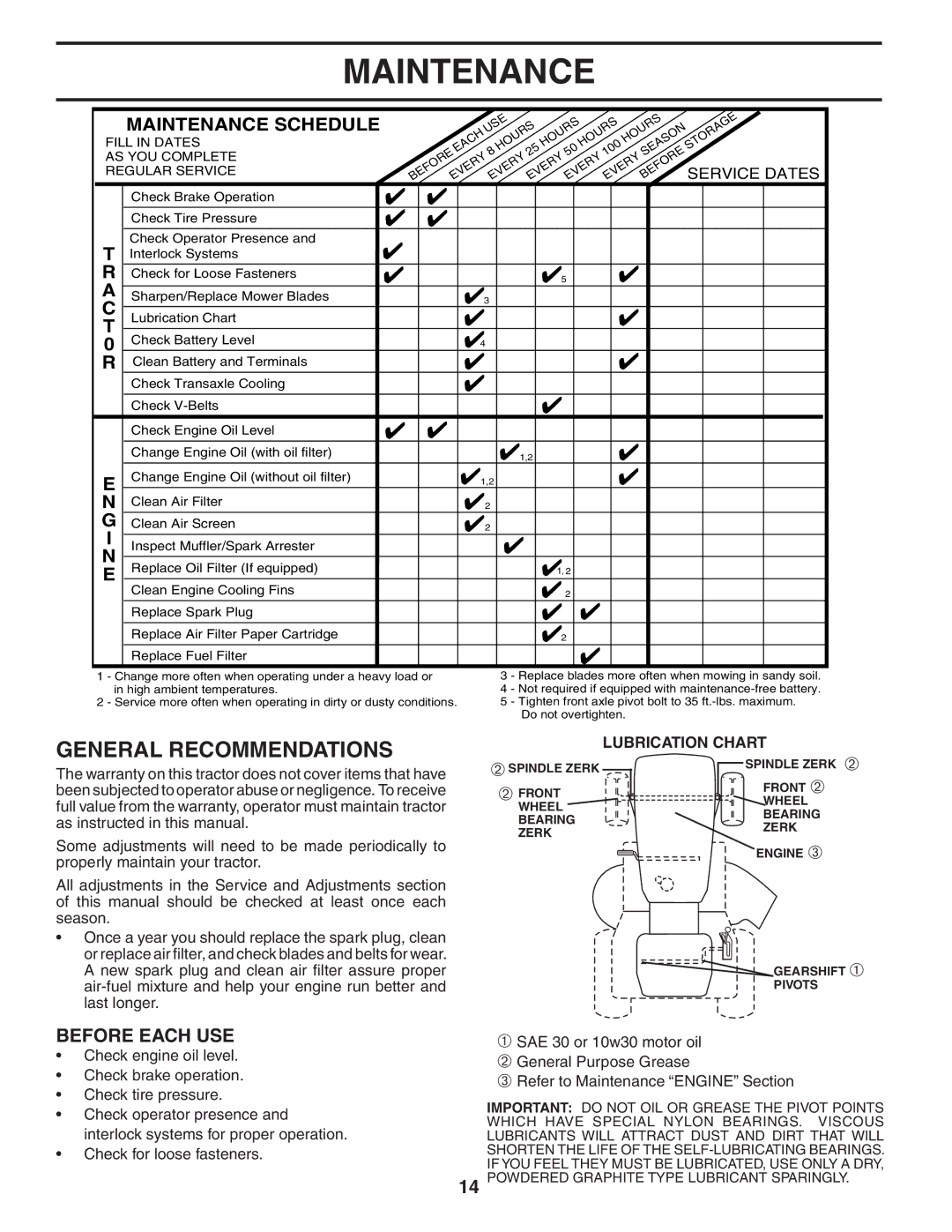 Husqvarna LT1538 owner manual Maintenance, General Recommendations, Before Each USE, Service Dates 