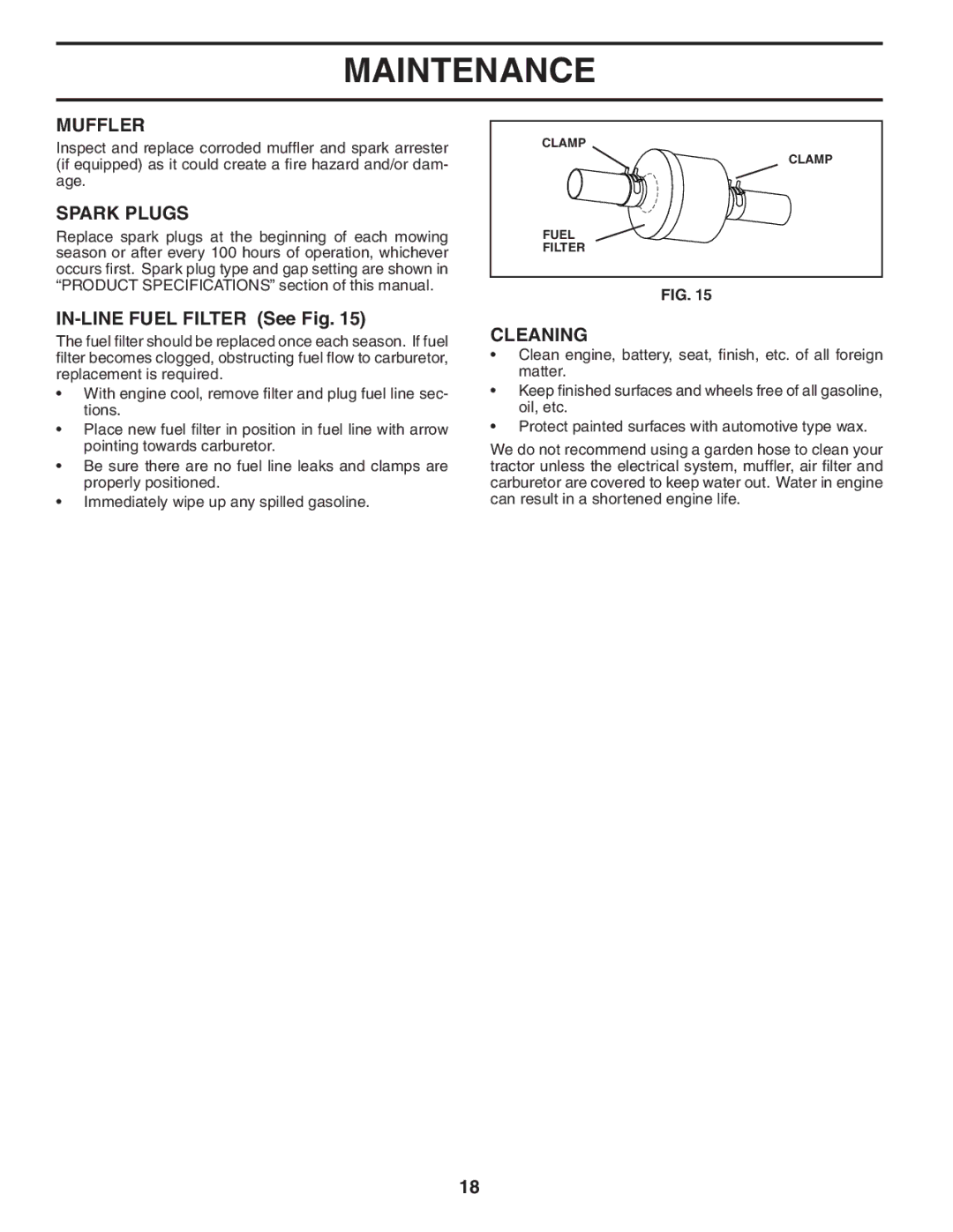 Husqvarna LT1538 owner manual Muffler, Spark Plugs, IN-LINE Fuel Filter See Fig, Cleaning 