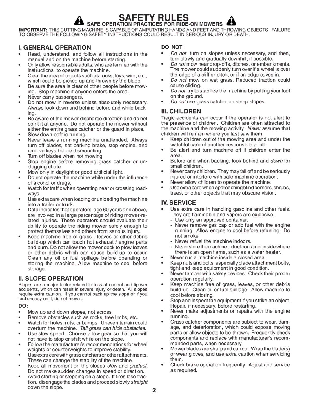 Husqvarna LT1538 owner manual General Operation, II. Slope Operation, III. Children, IV. Service 