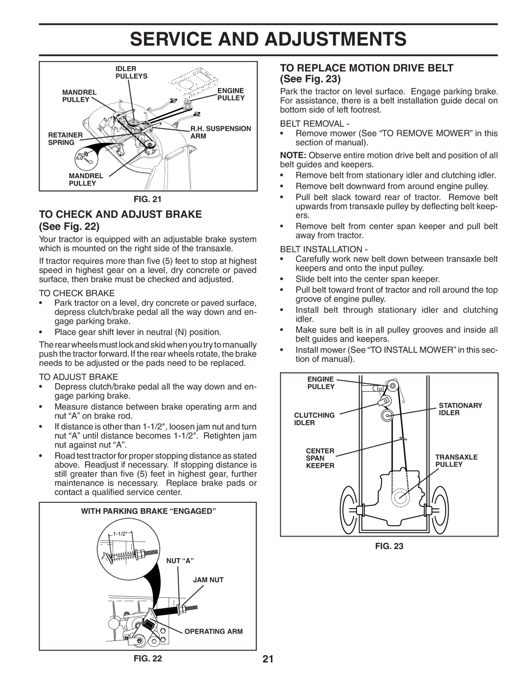 Husqvarna LT1538 To Check and Adjust Brake See Fig, To Replace Motion Drive Belt See Fig, To Check Brake, To Adjust Brake 