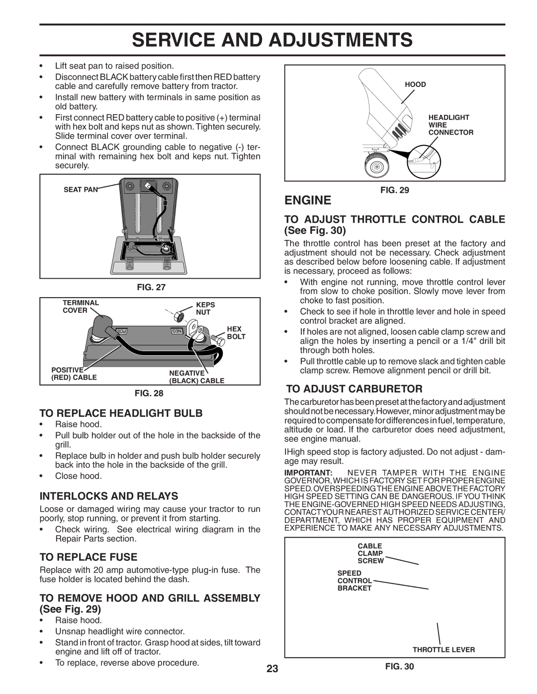 Husqvarna LT1538 owner manual To Replace Headlight Bulb, Interlocks and Relays, To Replace Fuse, To Adjust Carburetor 