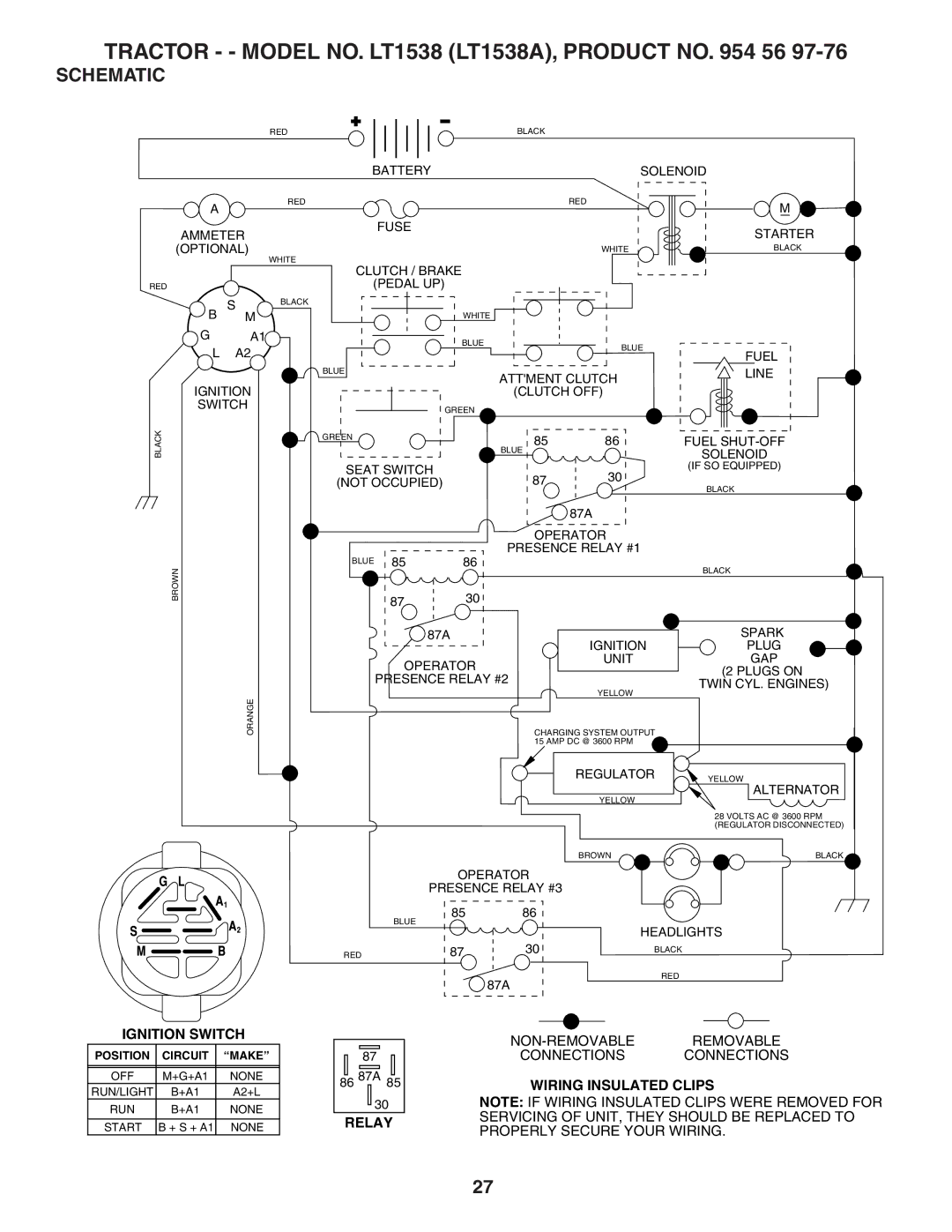 Husqvarna owner manual Tractor - Model NO. LT1538 LT1538A, Product no 56, Schematic 