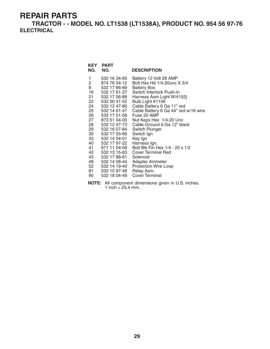 Husqvarna LT1538 owner manual KEY Part Description 