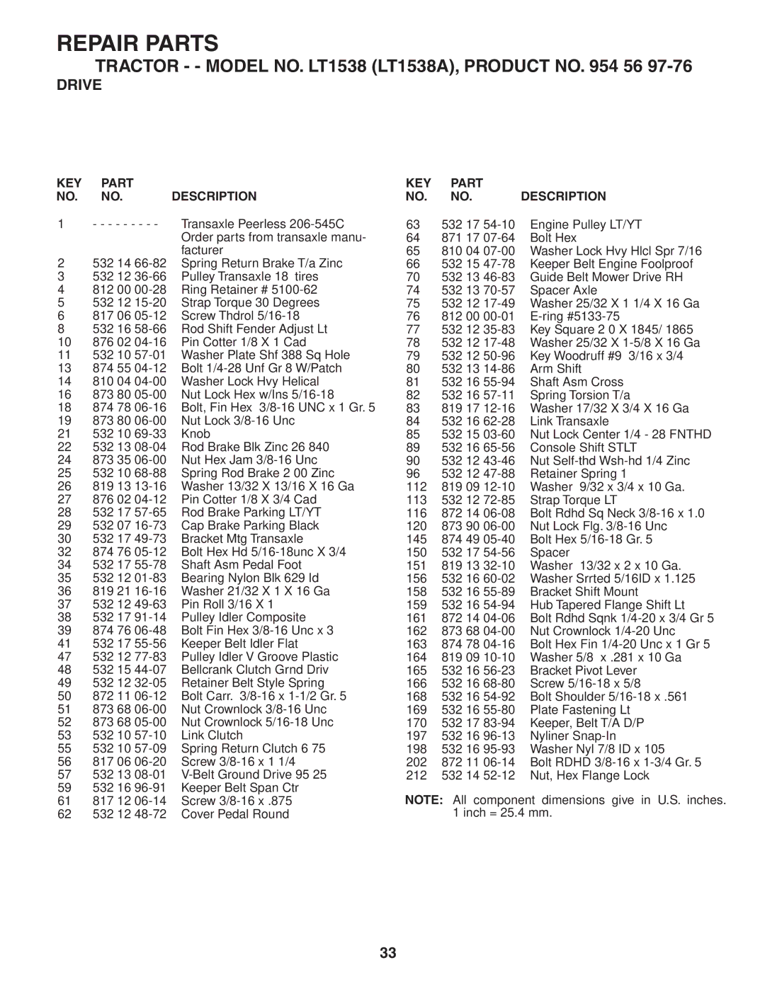 Husqvarna LT1538 owner manual KEY Part NO. NO. Description 