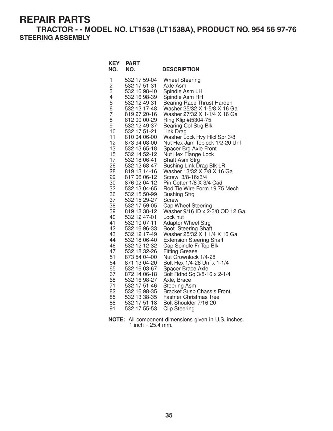 Husqvarna LT1538 owner manual Repair Parts 