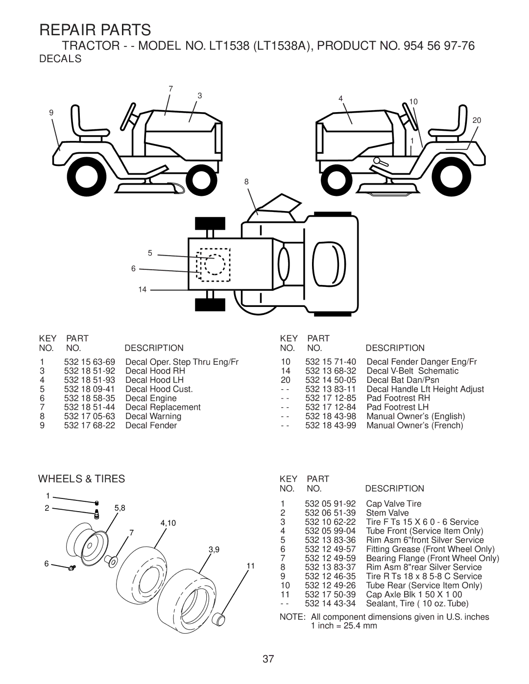 Husqvarna LT1538 owner manual Decals, Wheels & Tires 