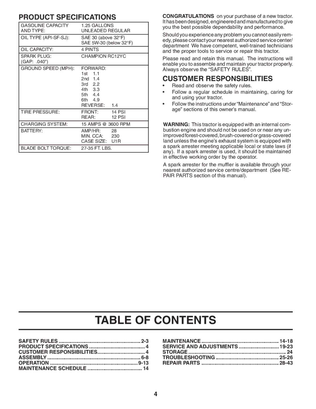 Husqvarna LT1538 owner manual Table of Contents 