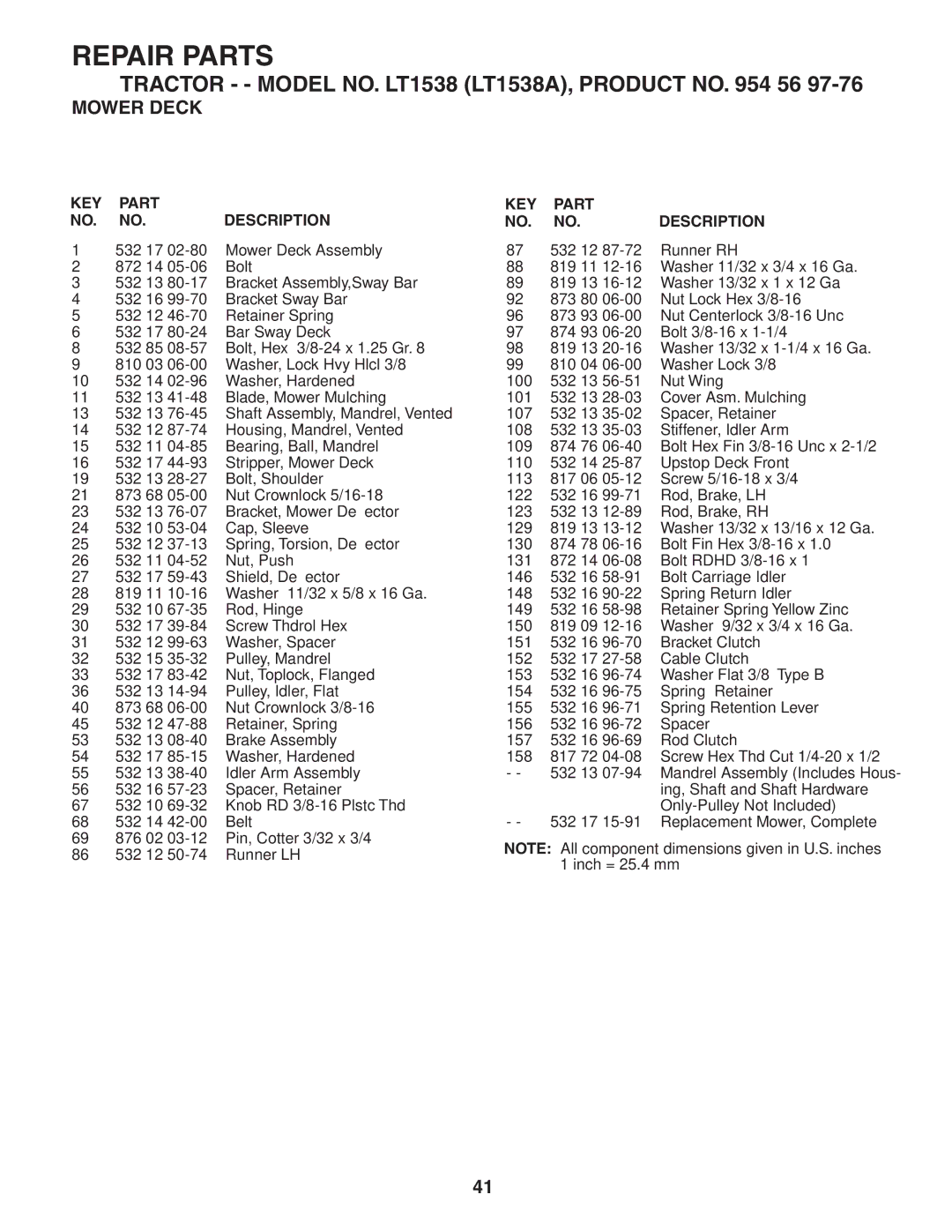 Husqvarna LT1538 owner manual KEY Part Description 