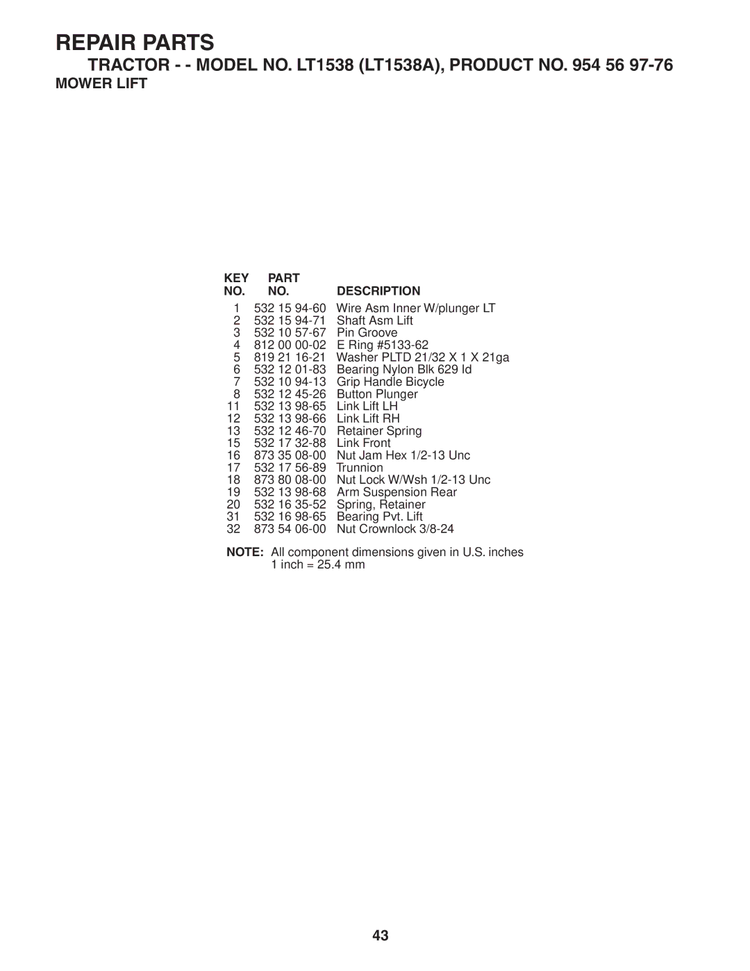 Husqvarna LT1538 owner manual Repair Parts 