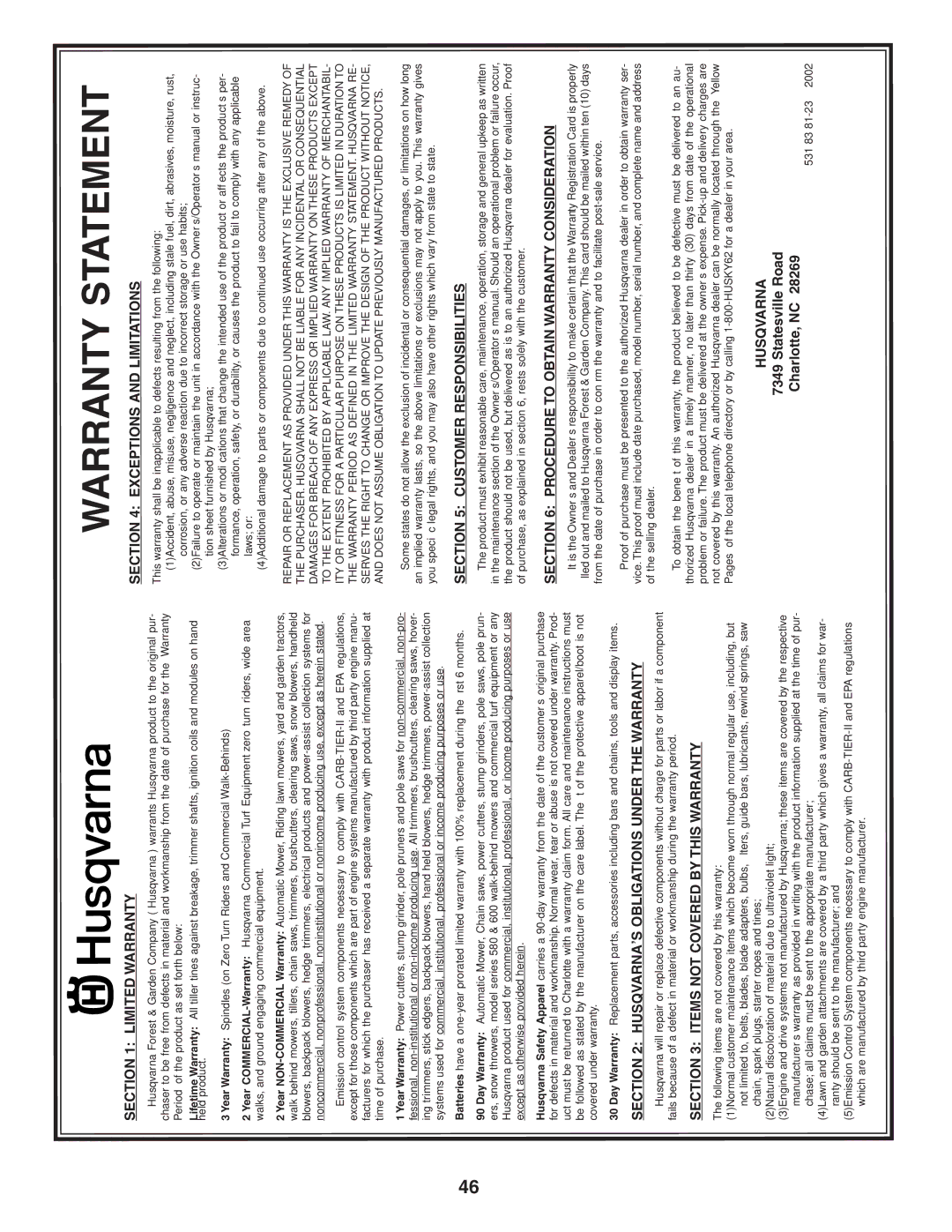 Husqvarna LT1538 owner manual Warranty Statement 