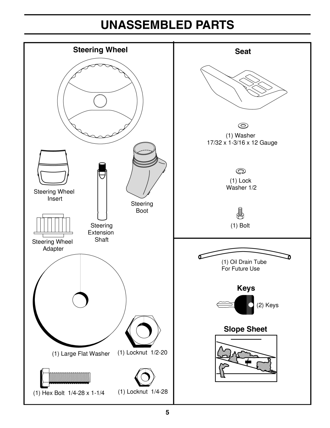 Husqvarna LT1538 owner manual Unassembled Parts, Steering Wheel Seat 