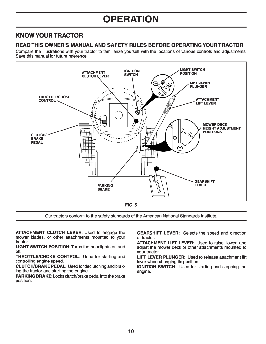 Husqvarna LT1538 owner manual Know Your Tractor, Operation 
