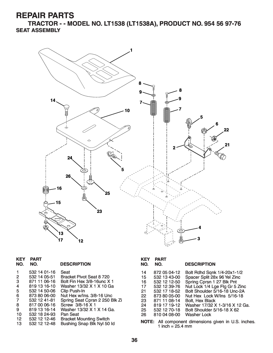 Husqvarna Seat Assembly, Repair Parts, TRACTOR - - MODEL NO. LT1538 LT1538A, PRODUCT NO. 954 56, Description, 532 14 