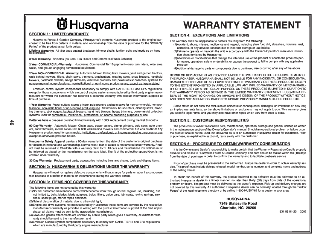 Husqvarna LT1538 Warranty Statement, Limited Warranty, Items Not Covered By This Warranty, Exceptions And Limitations 