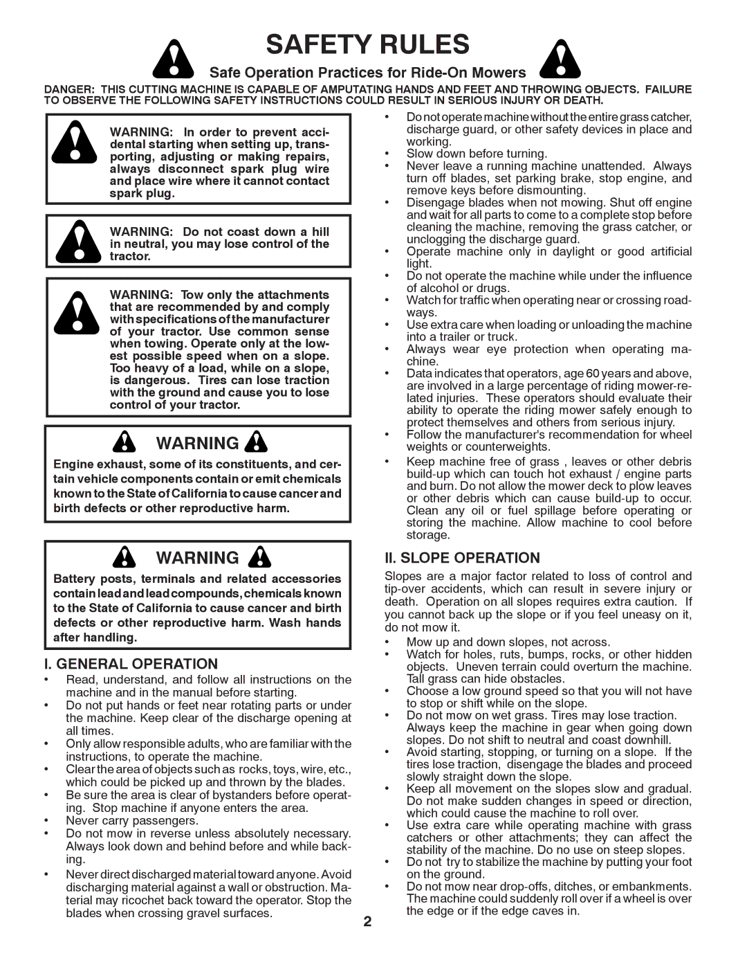 Husqvarna LT1597 manual Safety Rules, Safe Operation Practices for Ride-On Mowers, General Operation, II. Slope Operation 