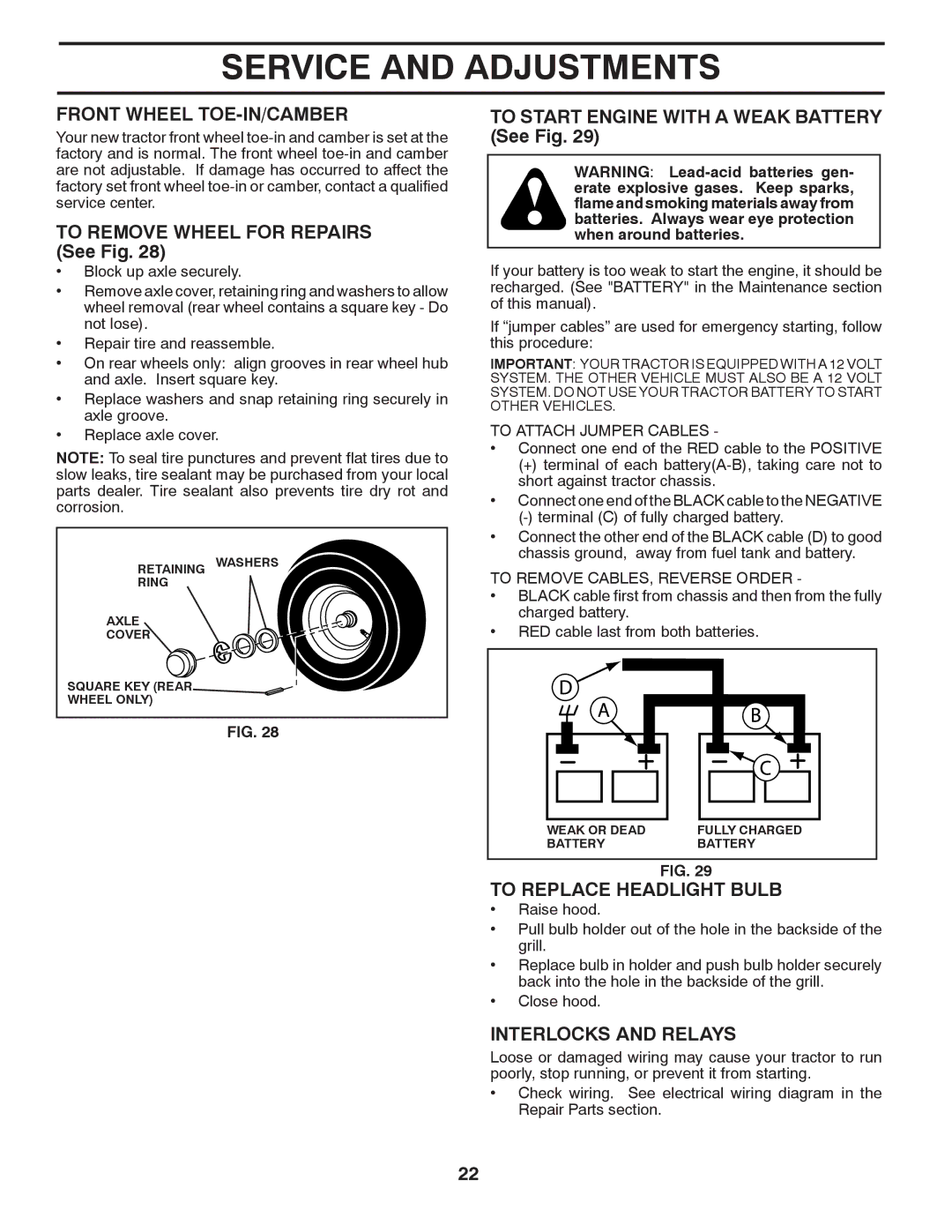 Husqvarna LT1597 manual Front Wheel TOE-IN/CAMBER, To Remove Wheel for Repairs See Fig, To Replace Headlight Bulb 