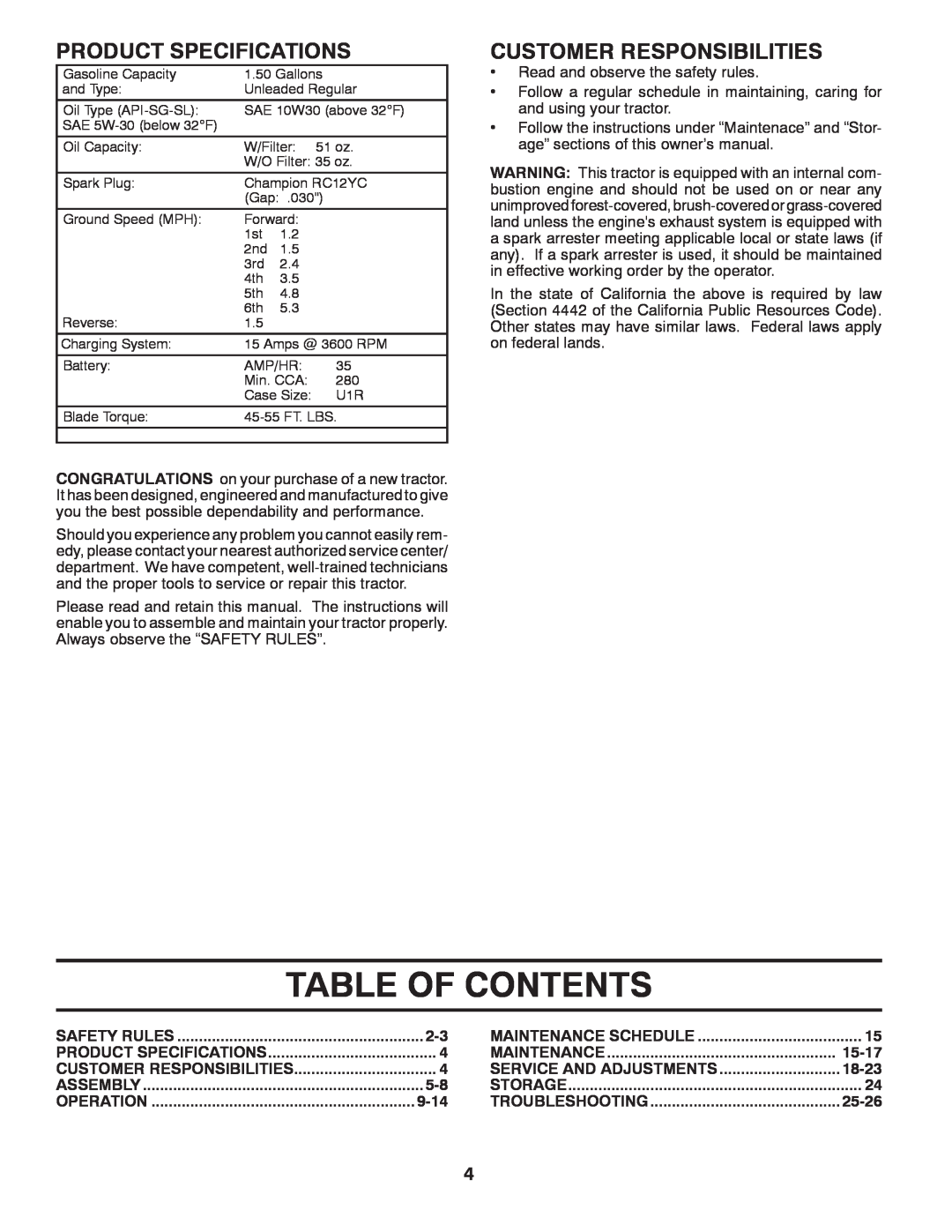 Husqvarna LT1597 manual Table Of Contents, Product Specifications, Customer Responsibilities, 9-14, 15-17, 18-23, 25-26 