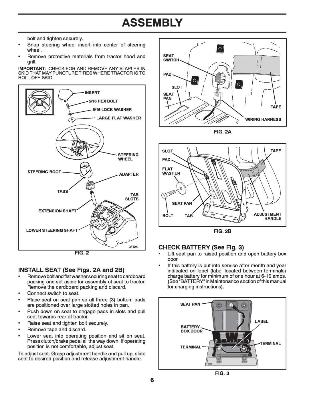 Husqvarna LT1597 manual INSTALL SEAT See Figs. 2A and 2B, CHECK BATTERY See Fig, Assembly 