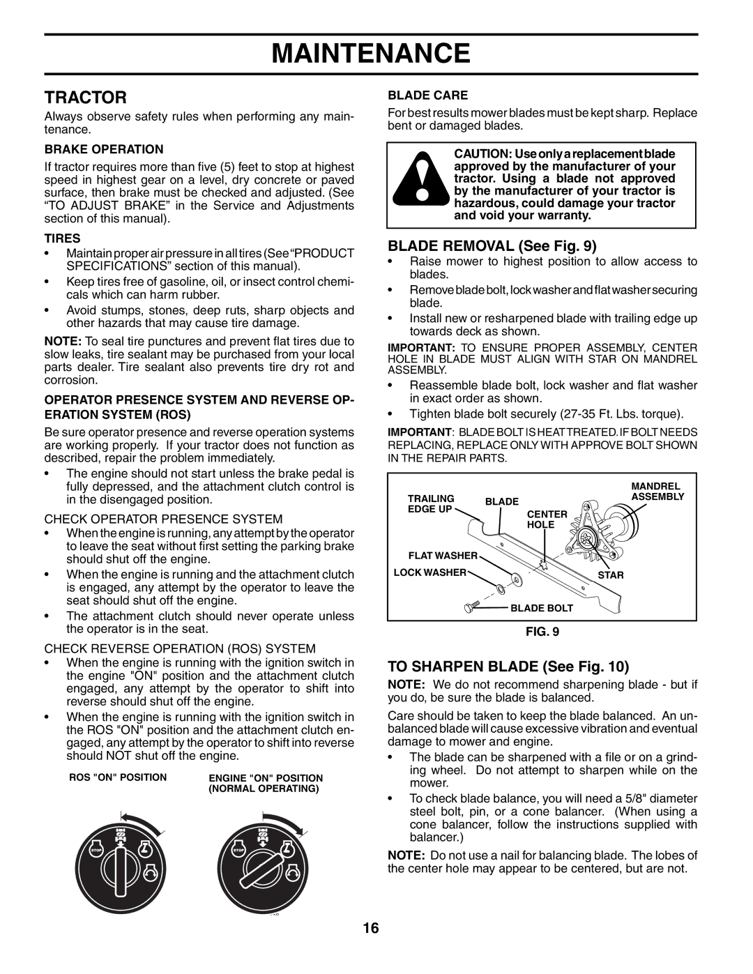 Husqvarna LT16542 owner manual Tractor, Blade Removal See Fig, To Sharpen Blade See Fig 