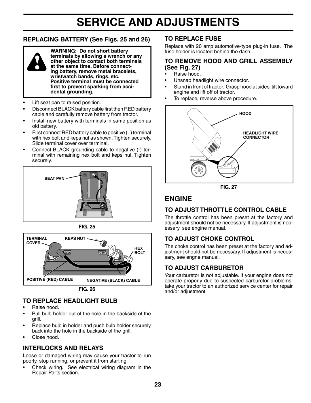 Husqvarna LT16542 To Replace Headlight Bulb, Interlocks and Relays, To Replace Fuse, To Adjust Throttle Control Cable 