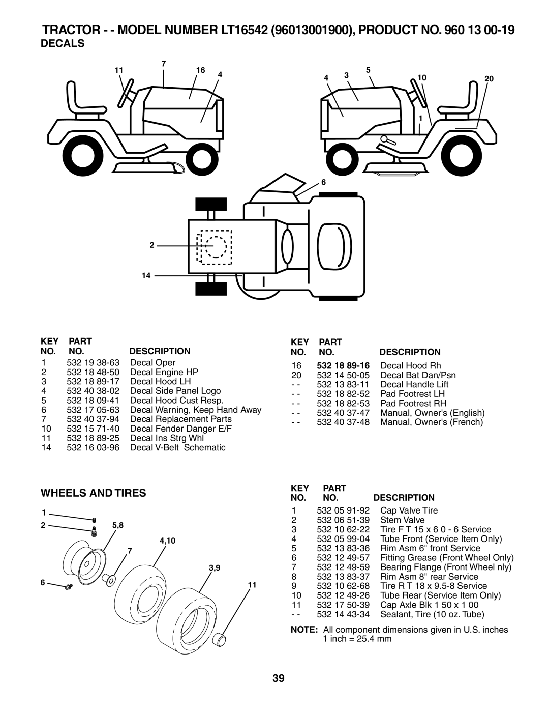 Husqvarna LT16542 owner manual Decals, Wheels and Tires 