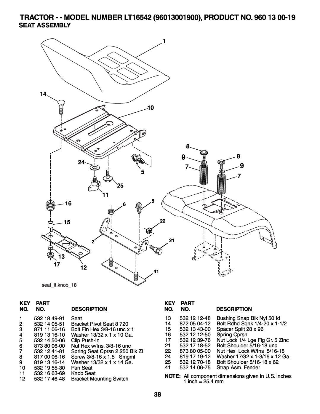 Husqvarna Seat Assembly, TRACTOR - - MODEL NUMBER LT16542 96013001900, PRODUCT NO. 960 13, Part, Description, 532 18 