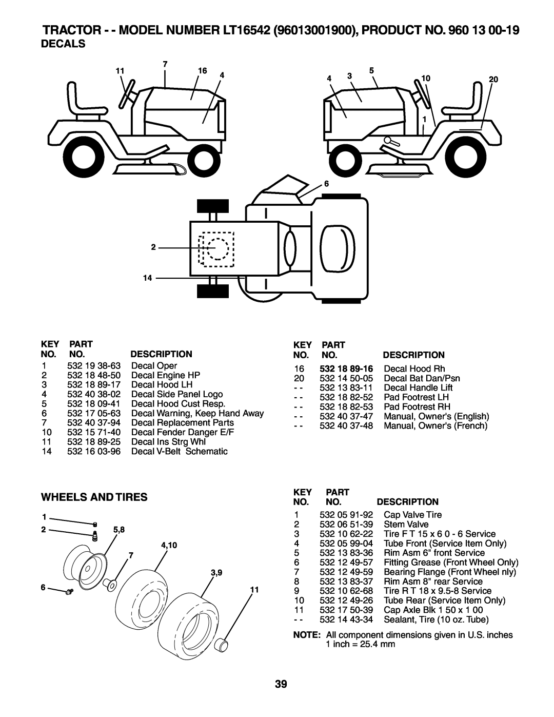 Husqvarna Decals, Wheels And Tires, TRACTOR - - MODEL NUMBER LT16542 96013001900, PRODUCT NO. 960 13, Part, Description 
