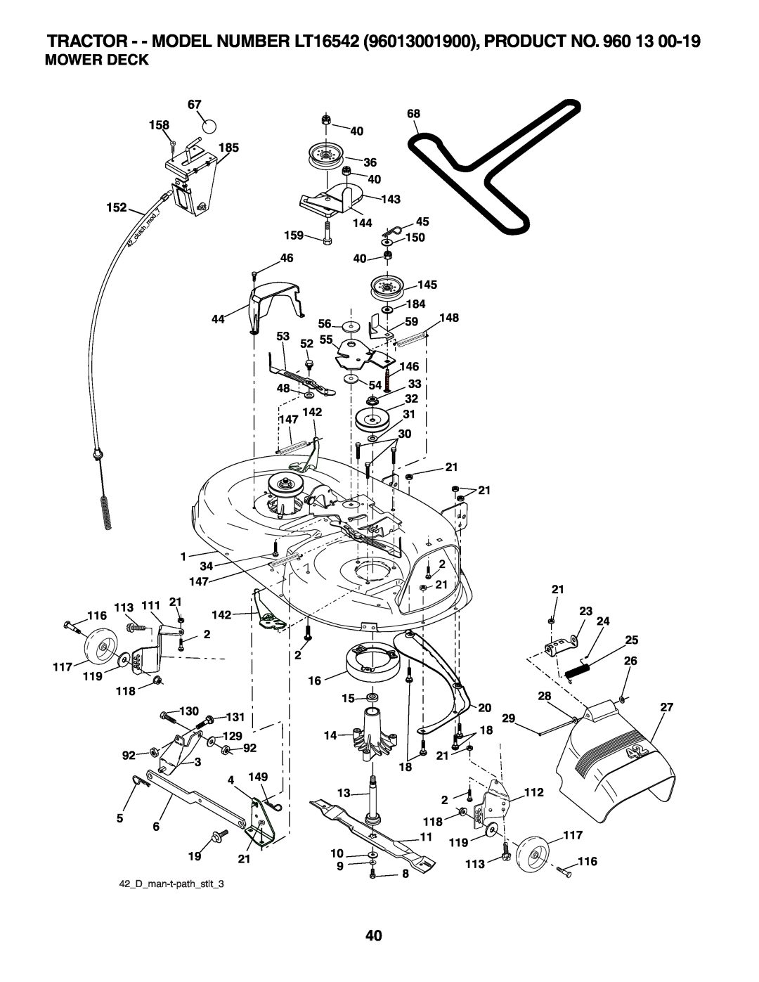 Husqvarna owner manual Mower Deck, TRACTOR - - MODEL NUMBER LT16542 96013001900, PRODUCT NO. 960 13, 42Dman-t-pathstlt3 