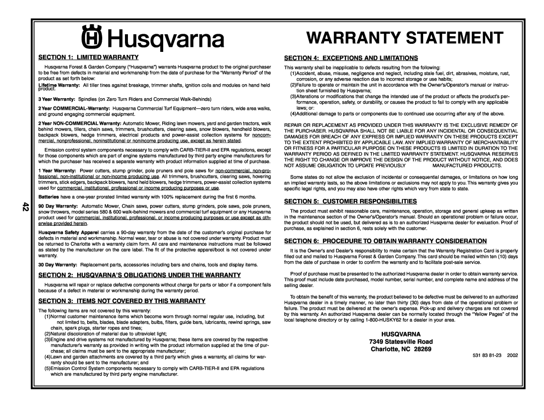 Husqvarna LT16542 owner manual Warranty Statement, Limited Warranty, Husqvarna’S Obligations Under The Warranty 