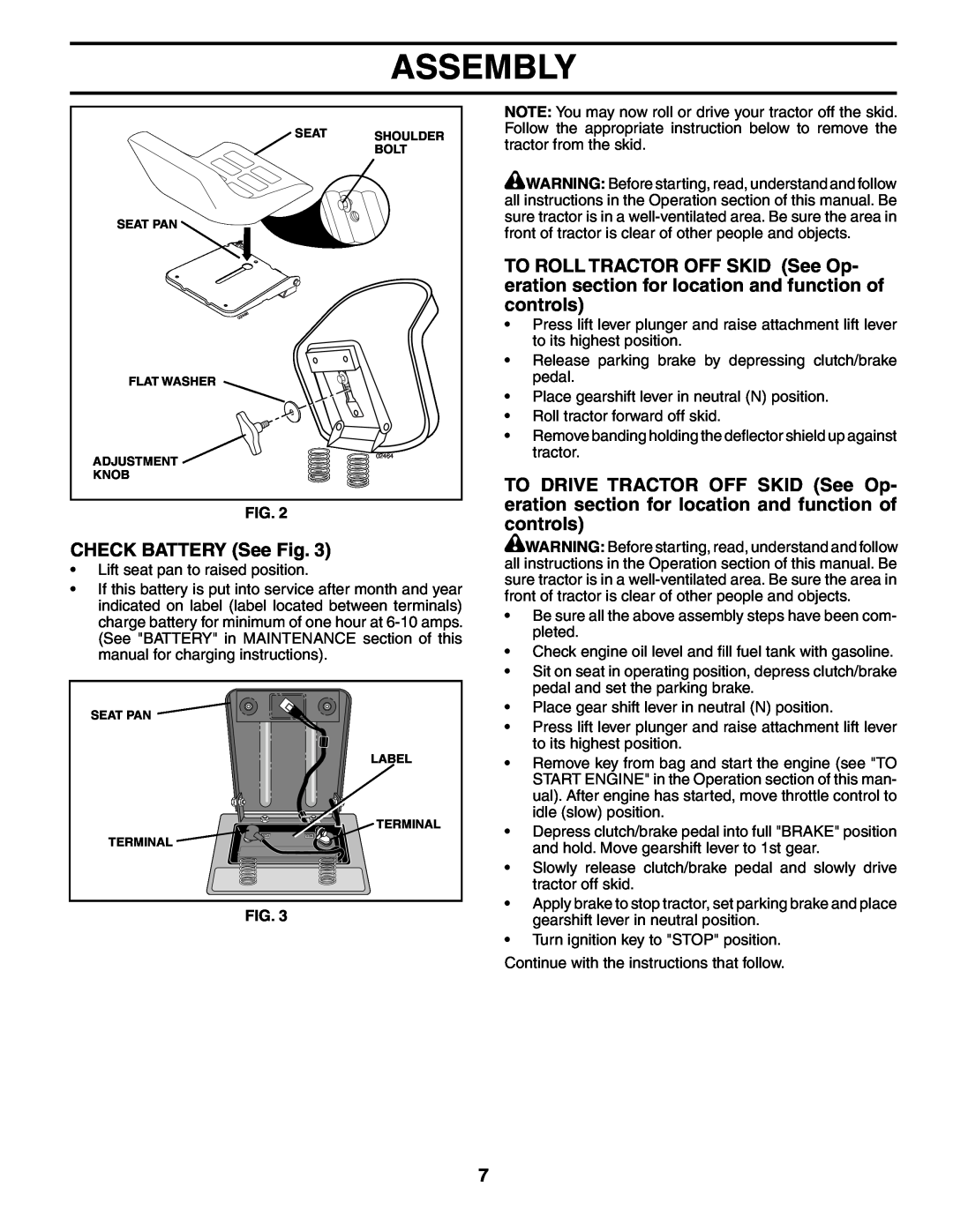 Husqvarna LT16542 owner manual CHECK BATTERY See Fig, Assembly 