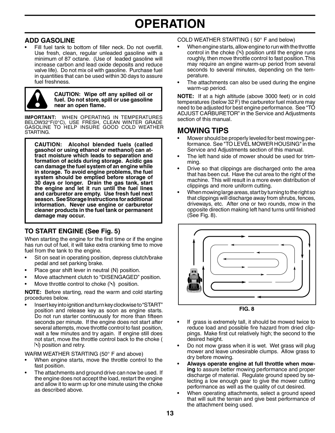 Husqvarna LT18542 owner manual Mowing Tips, ADD Gasoline, To Start Engine See Fig 