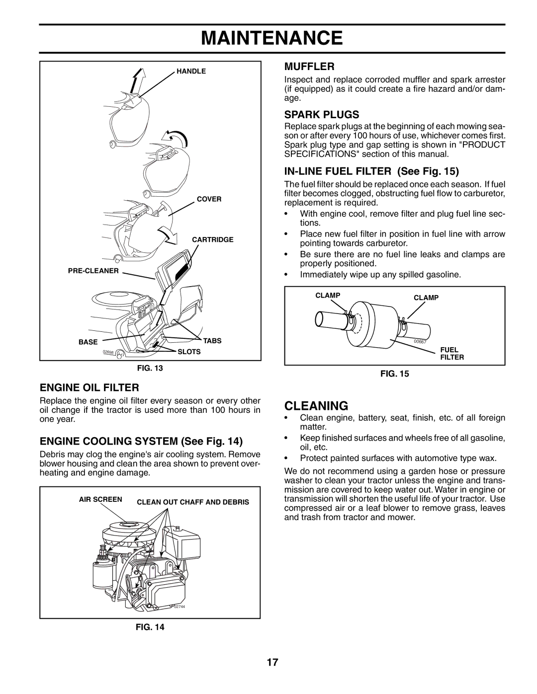 Husqvarna LT18542 owner manual Cleaning, Muffler, Spark Plugs, Engine OIL Filter 