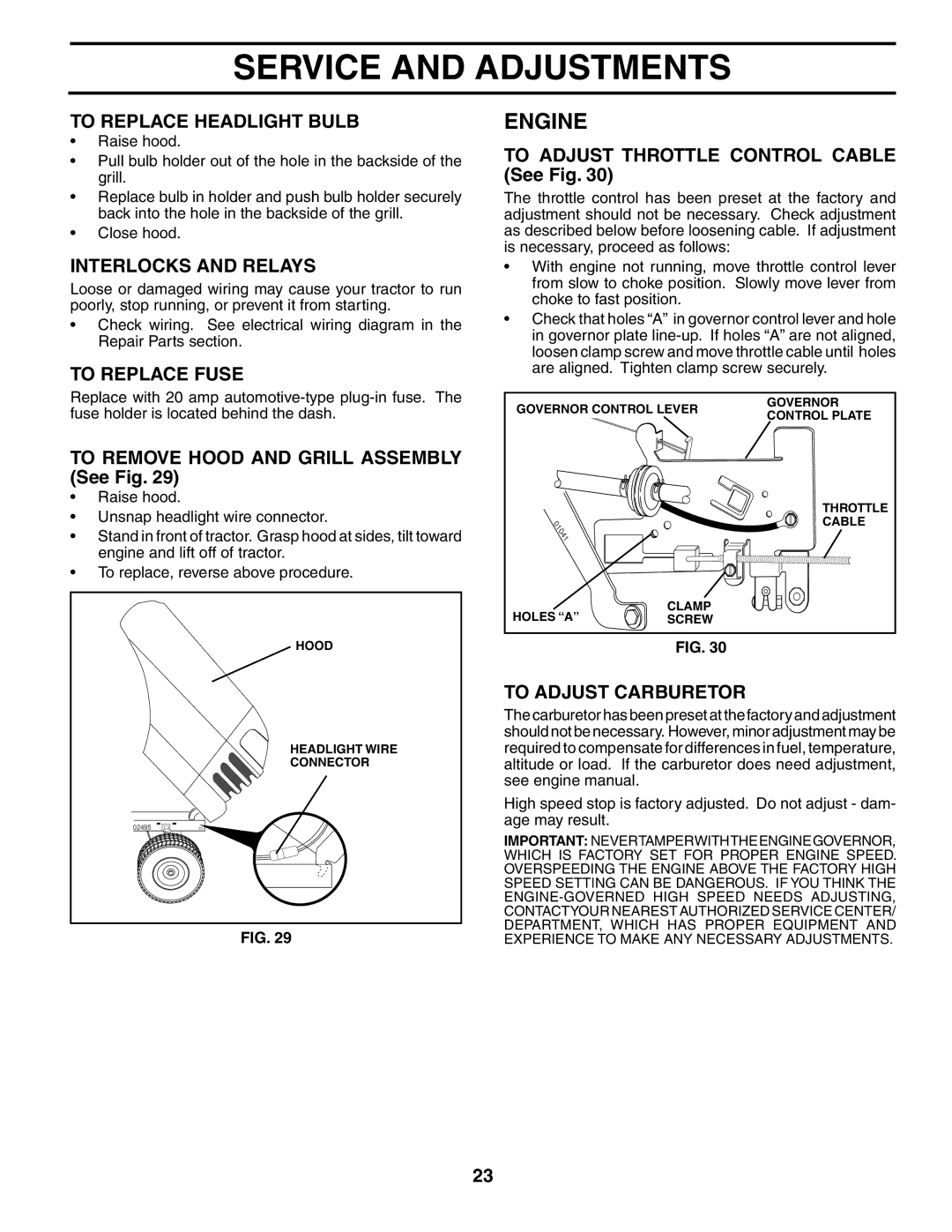 Husqvarna LT18542 owner manual To Replace Headlight Bulb, Interlocks and Relays, To Replace Fuse, To Adjust Carburetor 