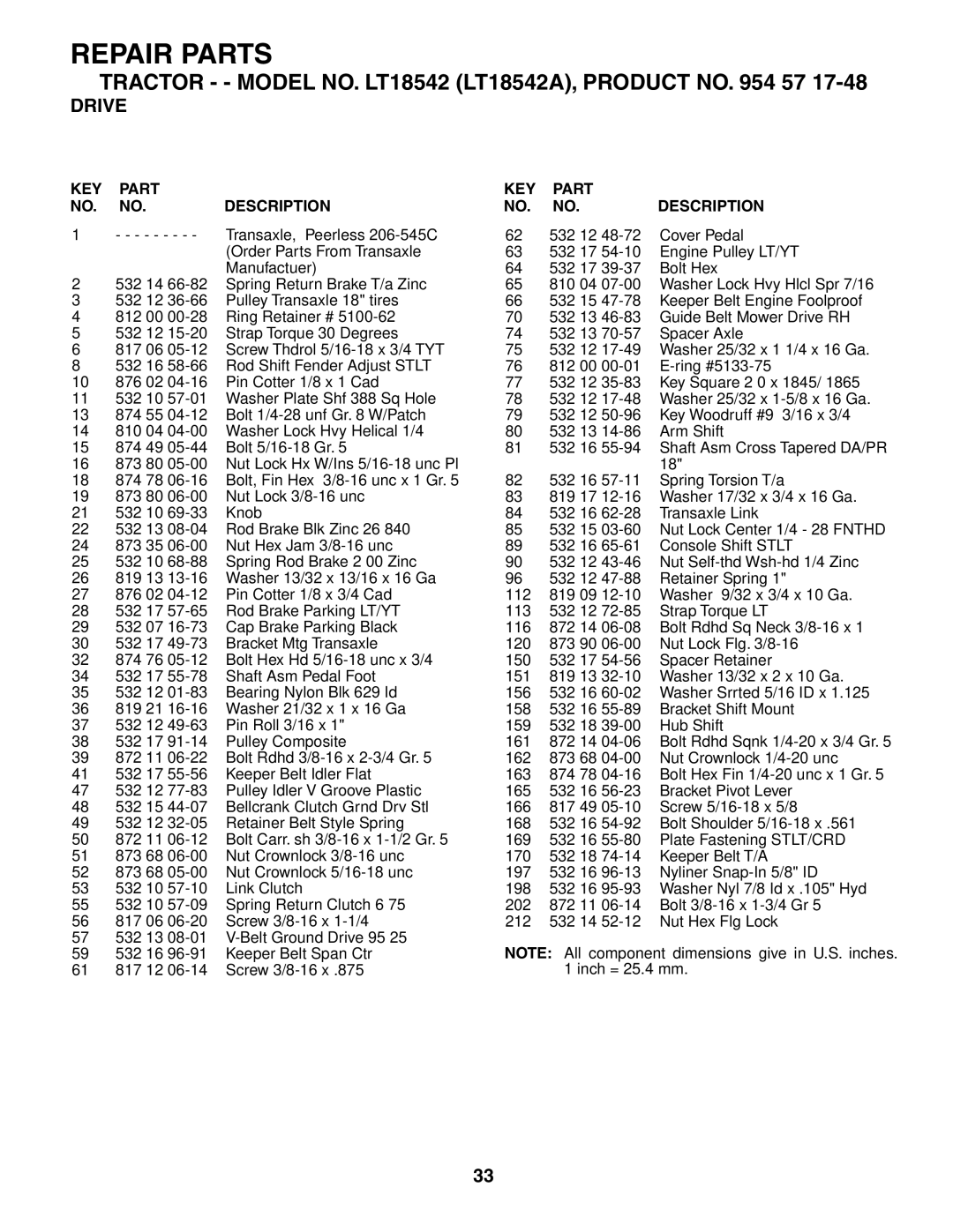 Husqvarna LT18542 owner manual Repair Parts 