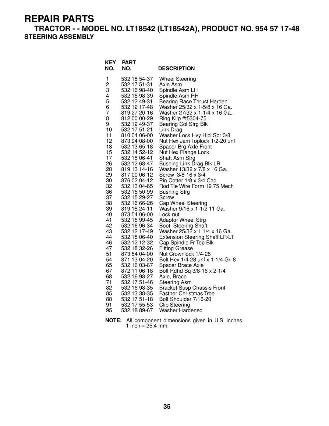 Husqvarna LT18542 owner manual Repair Parts 