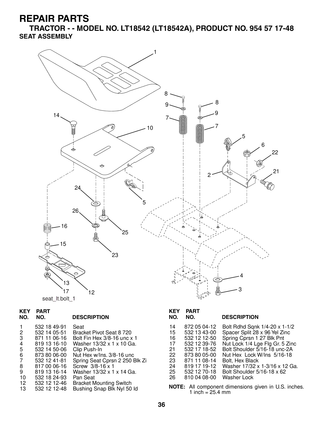 Husqvarna LT18542 owner manual Seat Assembly, Seatlt.bolt1 