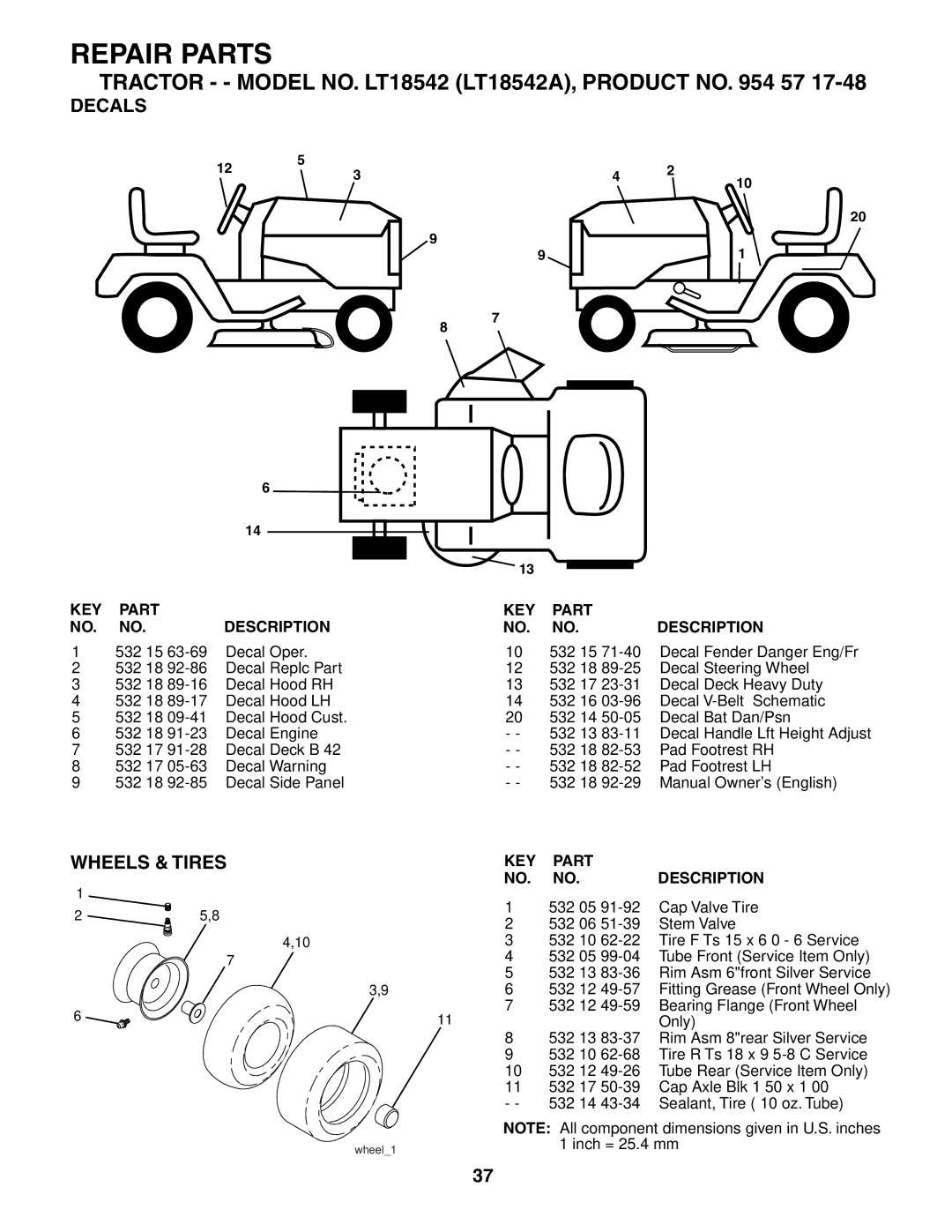 Husqvarna LT18542 owner manual Decals, Wheels & Tires 