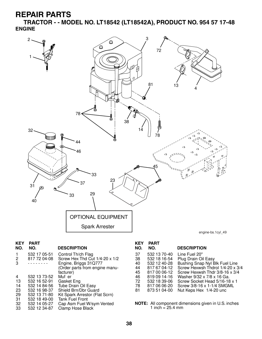 Husqvarna LT18542 owner manual Engine Optional Equipment, Spark Arrester 