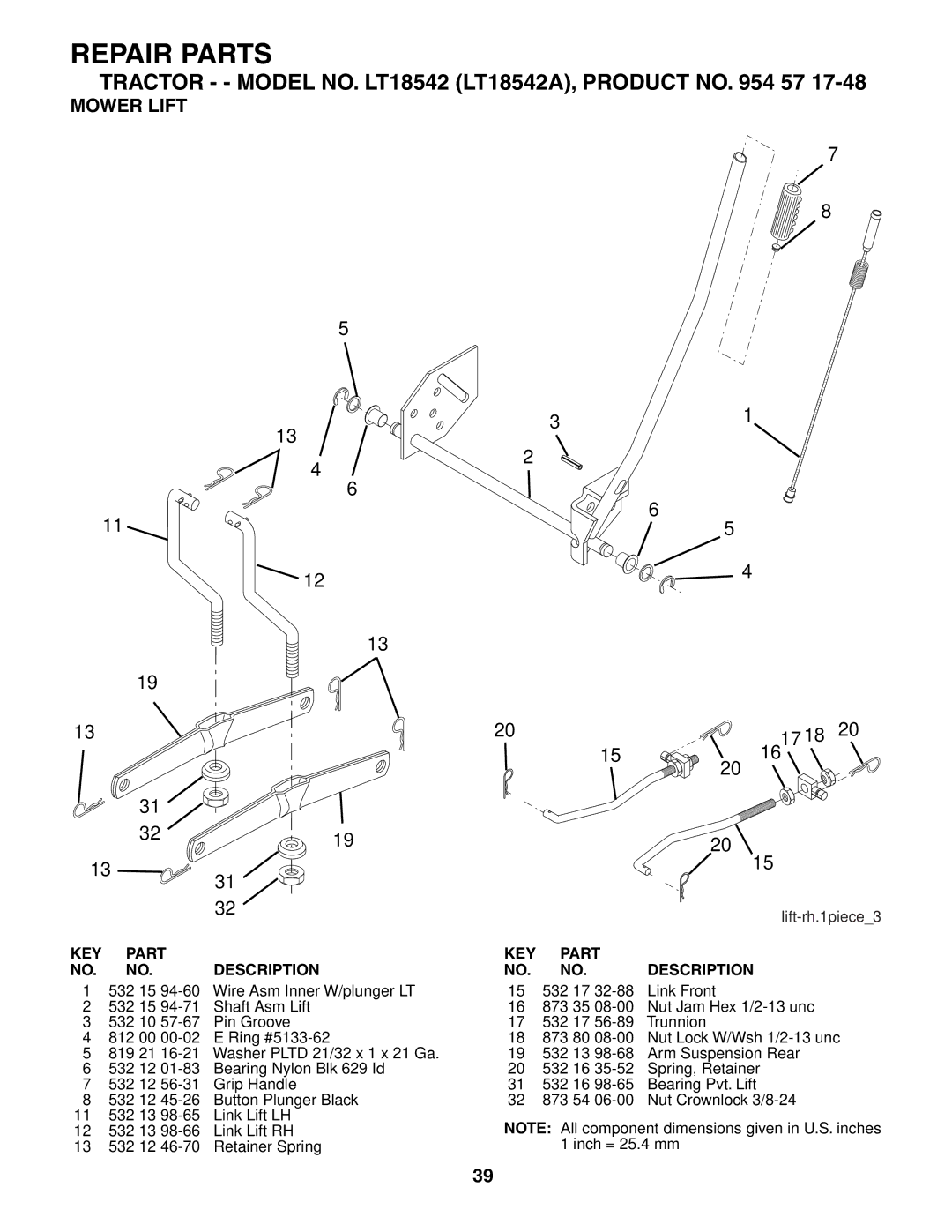 Husqvarna LT18542 owner manual Mower Lift, NO. NO. Description 