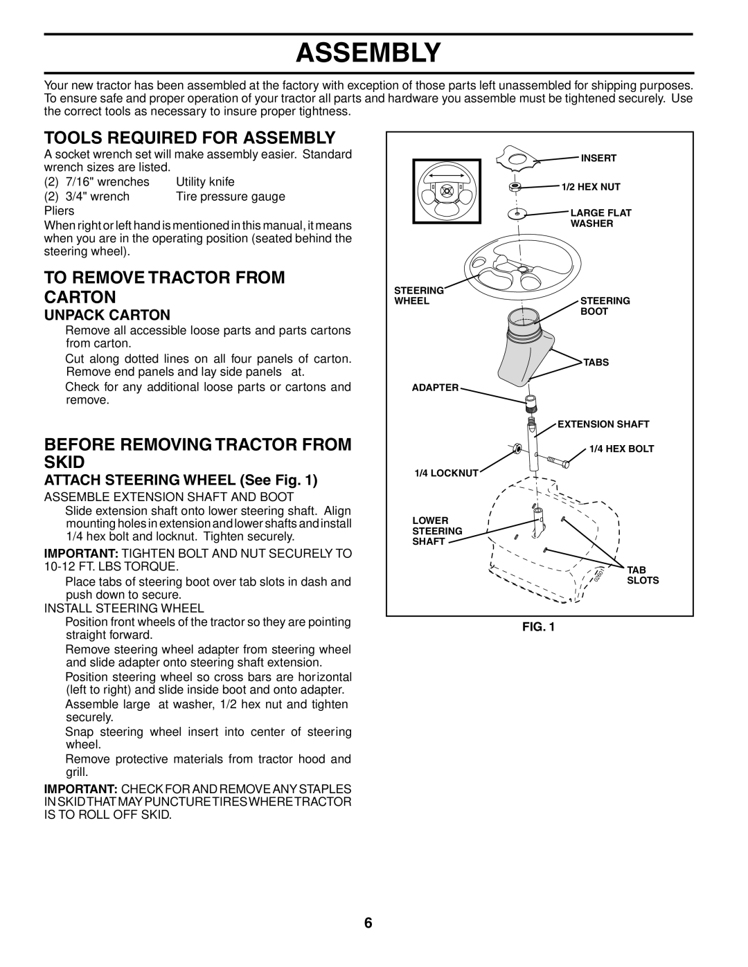 Husqvarna LT18542 Tools Required for Assembly, To Remove Tractor from Carton, Before Removing Tractor from Skid 