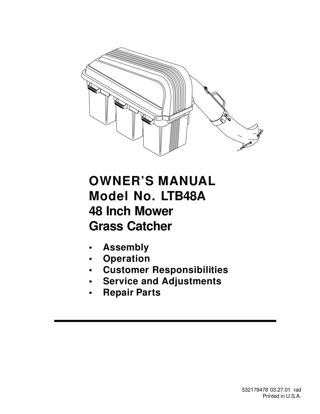 Husqvarna owner manual Model No. LTB48A Inch Mower Grass Catcher 