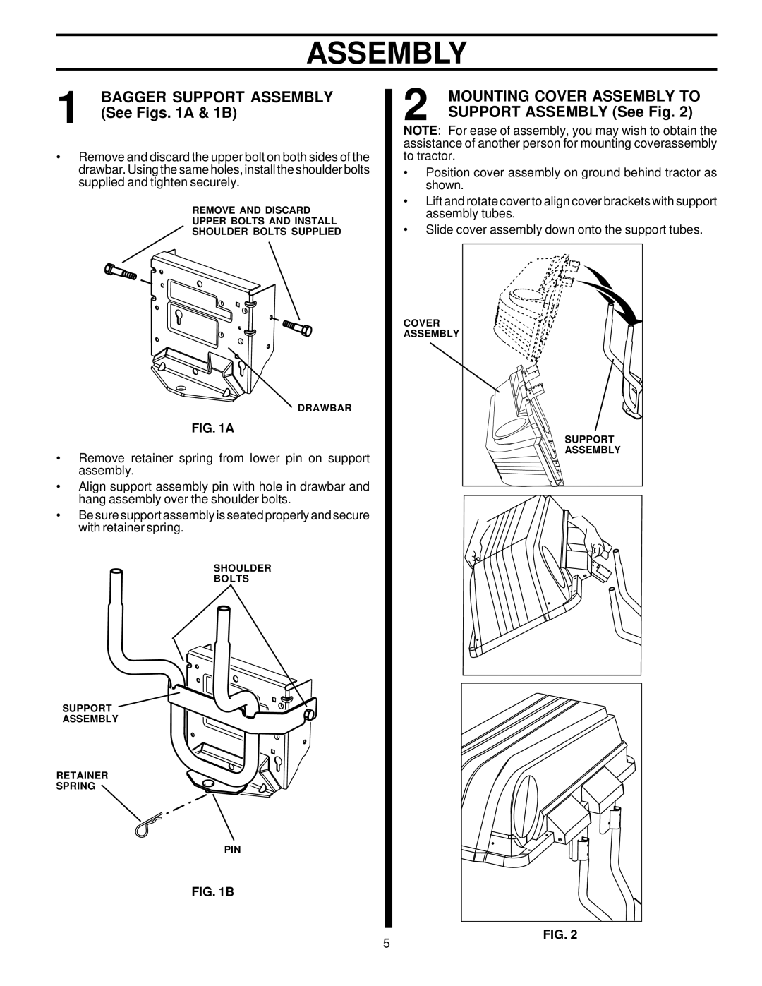 Husqvarna LTB48A owner manual Bagger Support Assembly See Figs a & 1B, Mounting Cover Assembly to 